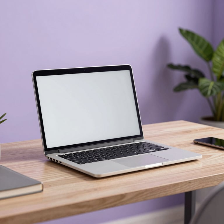 A sleek silver laptop on a light wooden desk in a bright Indian home office, soft lavender lighting, and a green plant in the corner.