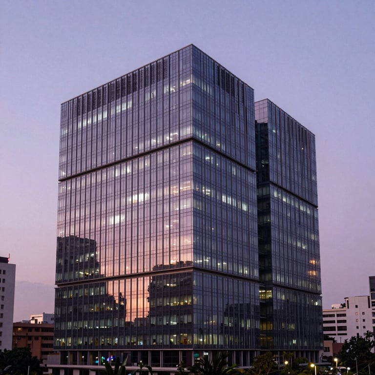 An architectural view of a glass-walled tech office in a modern Indian city hub like Bangalore at dusk, with soft plum sky colors.