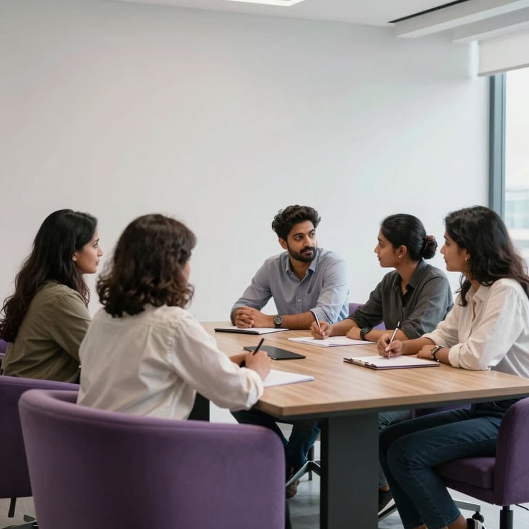 A collaborative meeting room in a minimalist South Asian office with soft purple seating and clean white walls.