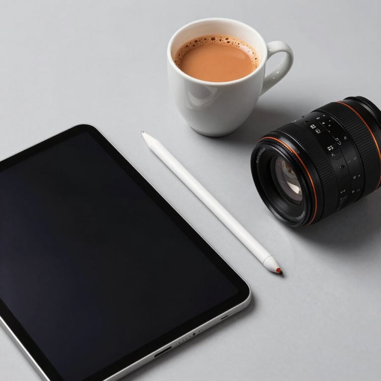 A flat lay of digital devices including a tablet and a stylus, arranged neatly with a cup of Indian chai on a light grey background.