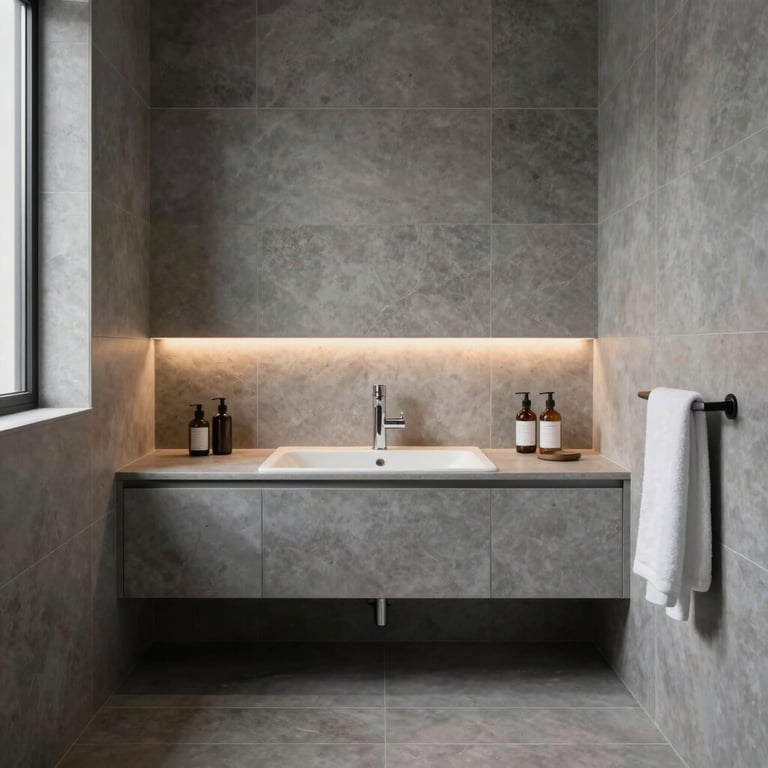 A transformed bathroom featuring minimalist grey stone tiles, warm accent lighting, and modern wellness fittings.
