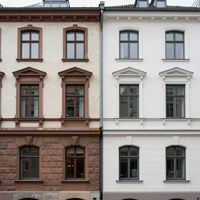 Before and after comparison of a historic Hamburg facade being upgraded with high-performance insulation and fresh white plaster.