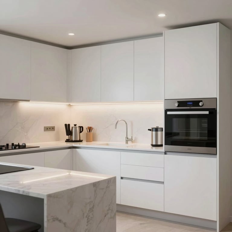 Modern open kitchen in a newly developed property with high-end appliances and elegant white surfaces.