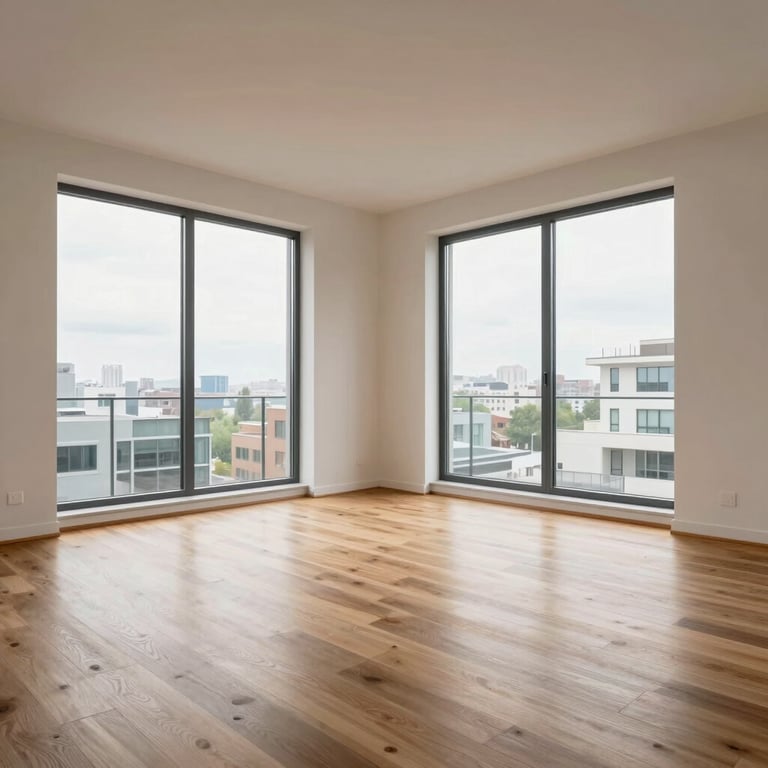 Bright, modern interior of a renovated penthouse with open-plan living, wooden floors, and large triple-glazed windows.