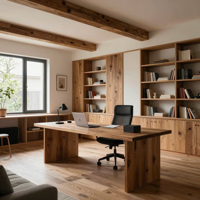 A spacious home-office integrated into a renovated residential unit with smart layout and sustainable materials.