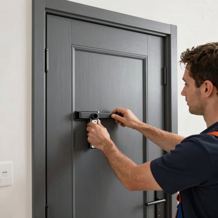 Detailed shot of a professional installer fitting a new anthracite-colored energy-efficient front door in a German home.