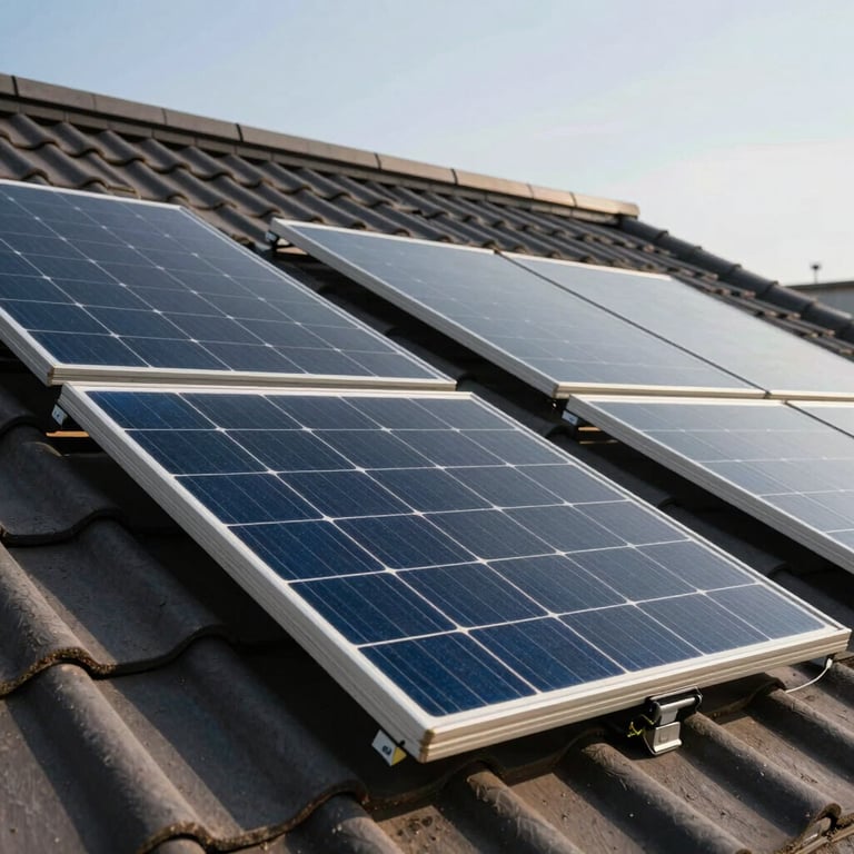 Close-up of sleek photovoltaic solar panels installed on a modern dark tiled roof under a clear sky.