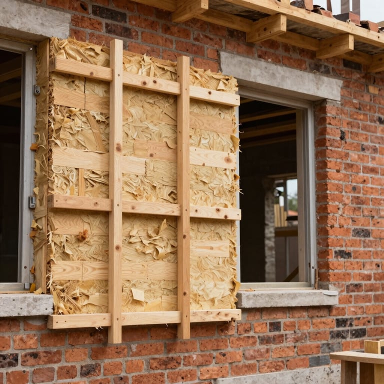 Professional construction site showing sustainable wooden insulation being applied to an older brick building.