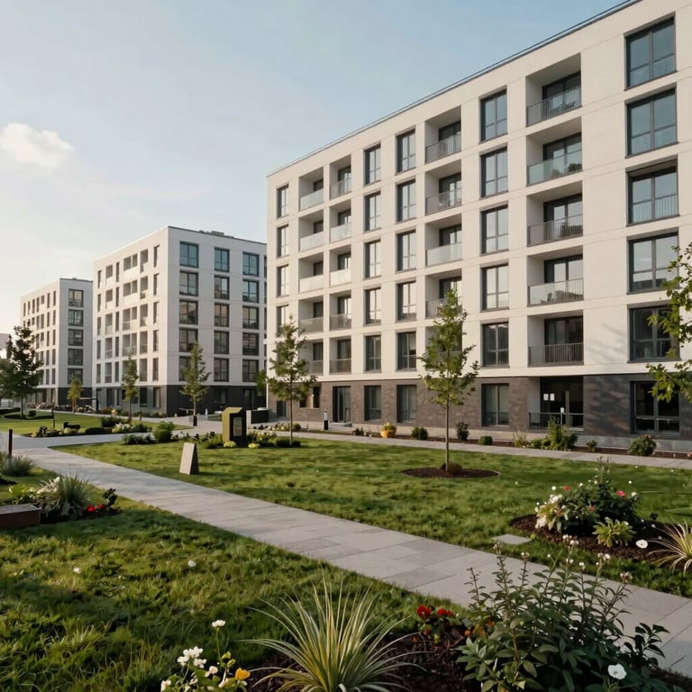 A finished sustainable new-build apartment complex in Hamburg with green spaces and clean architectural lines.