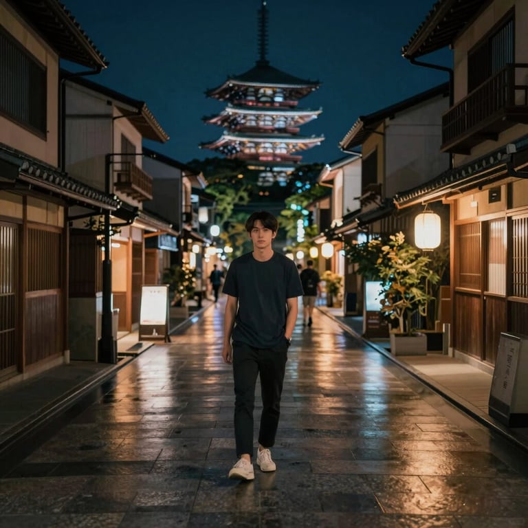 A scenic view of a Japanese street at night, reflecting his travel experiences and cultural insights.