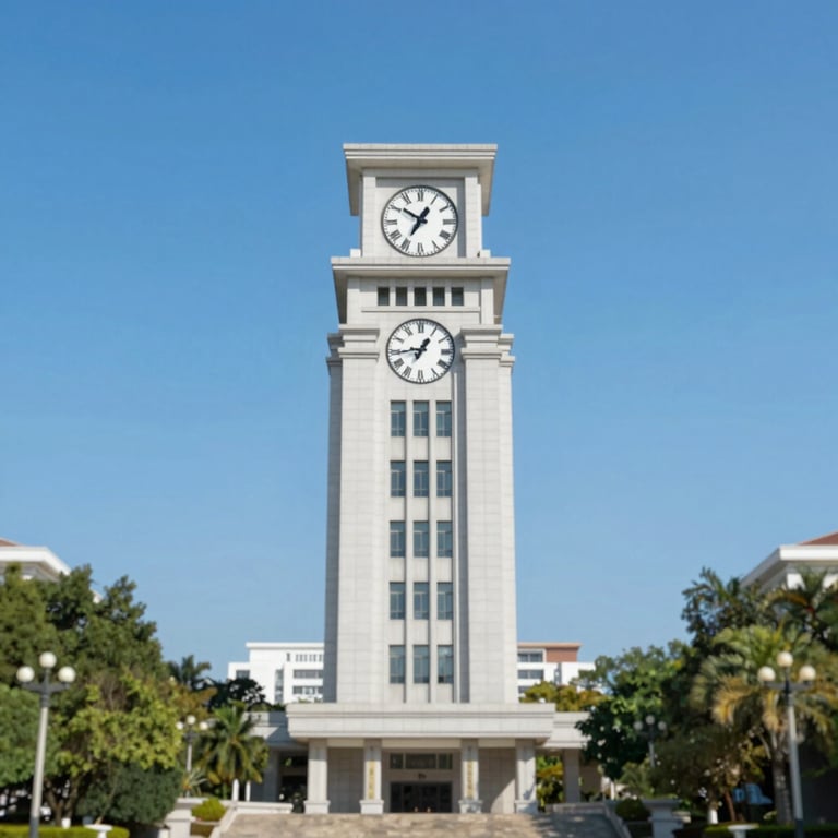 The PCCU campus clock tower against a clear blue sky, symbolizing academic excellence in Taiwan.
