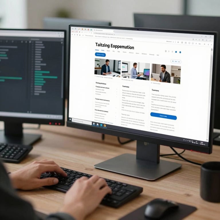 A professional workstation with dual monitors, one showing a technical blog and the other a dataset.