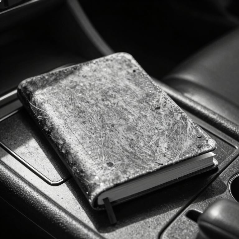 Close-up of a driver's weathered logbook resting on a dashboard, harsh sunlight casting deep shadows across the grid lines, black and white.