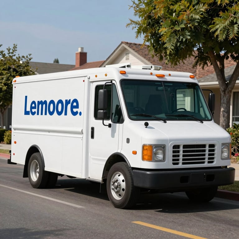 A clean, white HVAC service truck with professional branding parked on a street in Lemoore, CA, in a North American / US neighborhood.