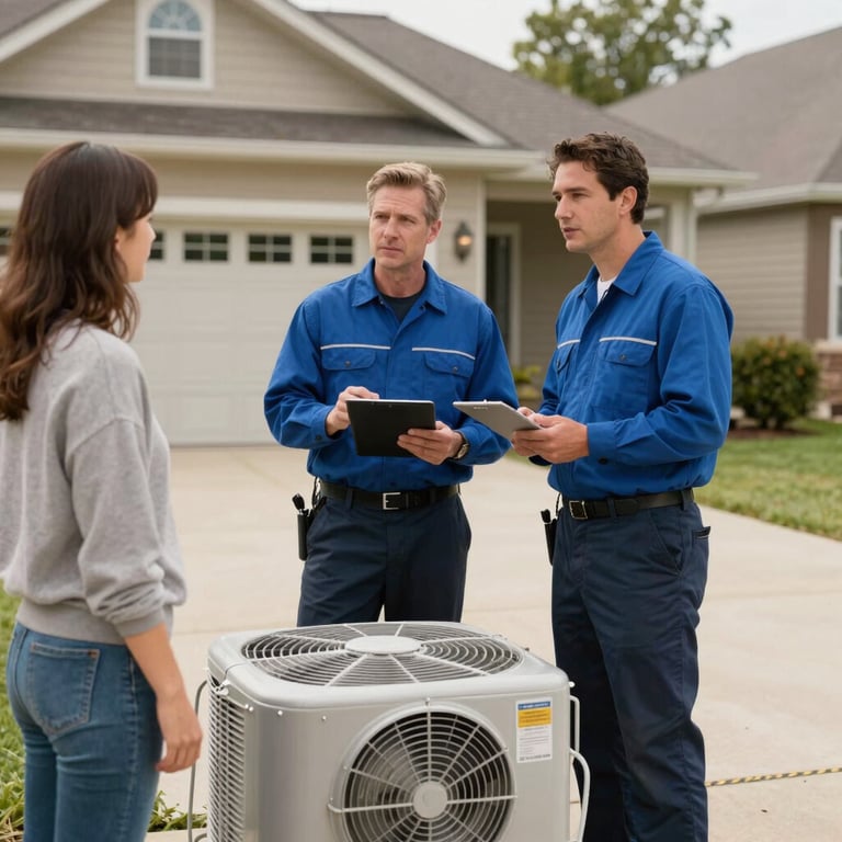 Two HVAC technicians in uniform talking to a homeowner in a North American / US driveway, projecting trust and professionalism.
