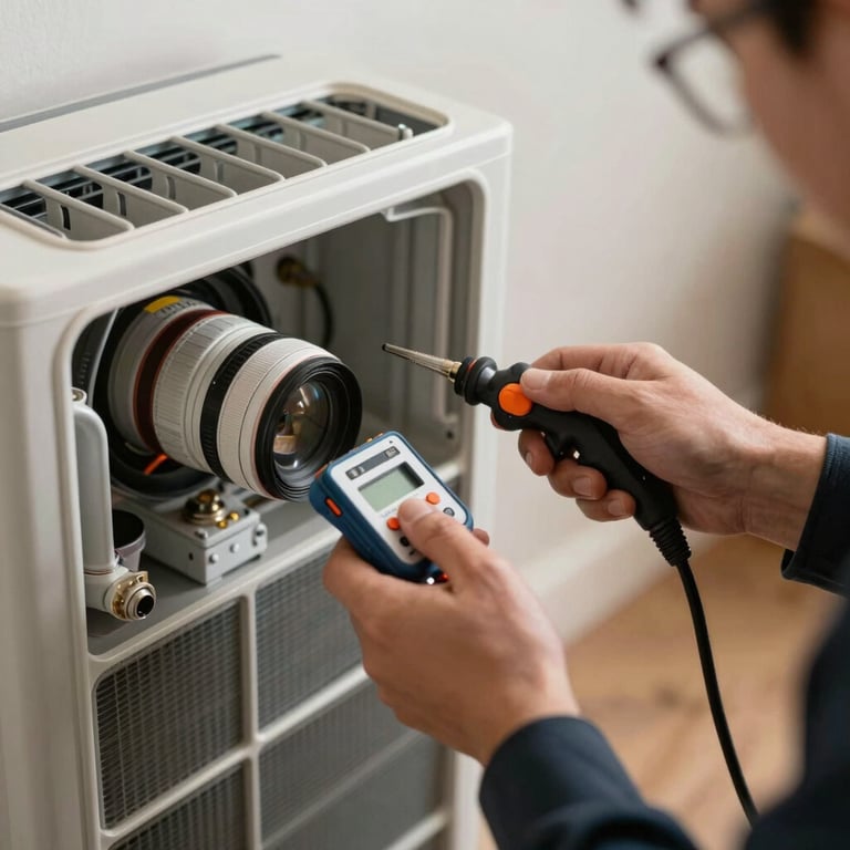 A technician's hands using professional tools to calibrate an indoor heating unit in a North American / US residential setting.