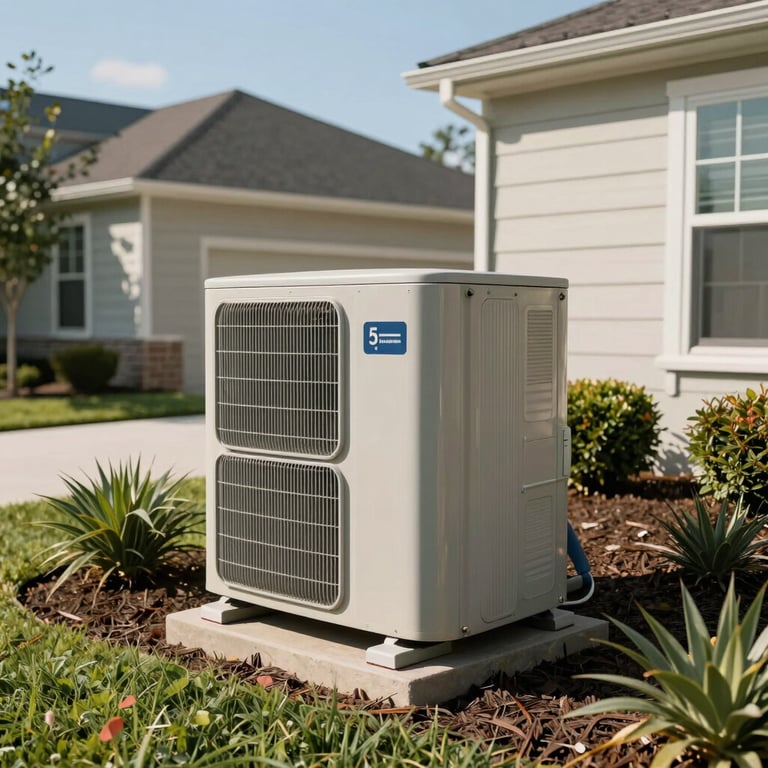 An outdoor air conditioning unit surrounded by clean landscaping at a North American / US home under a clear sky.