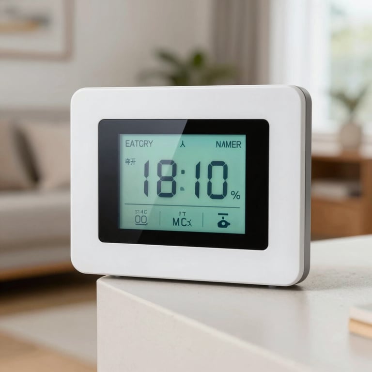 A close-up of a digital smart thermostat display showing energy-efficient settings in a bright North American / US living room.