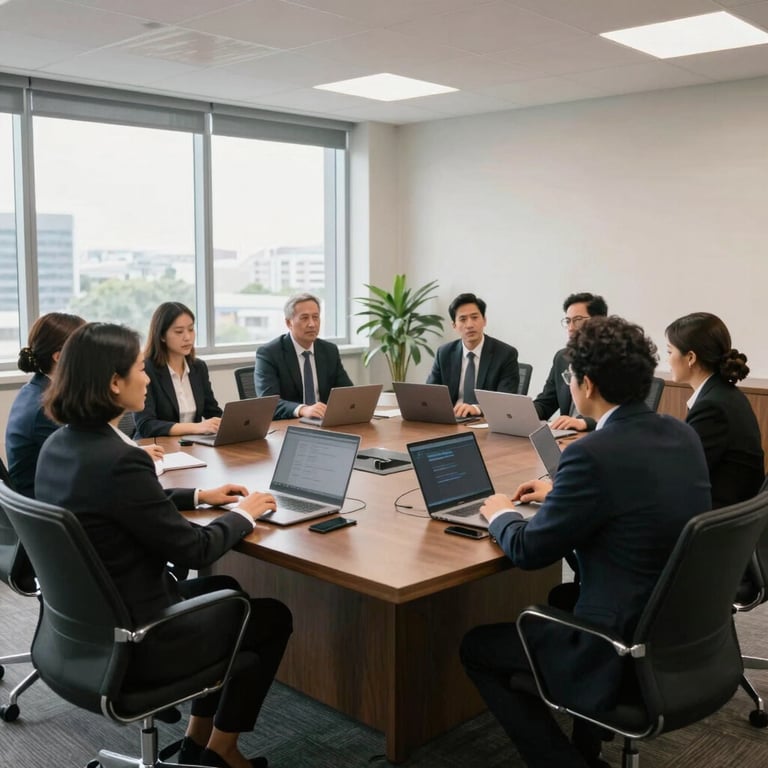 A bright and airy corporate meeting room in South America with a professional team.