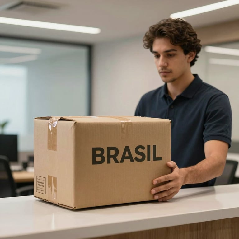 A package being carefully delivered to a modern office reception in Brazil.