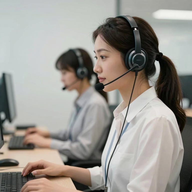 A professional attendant with a high-end headset in a modern, clean call center environment.
