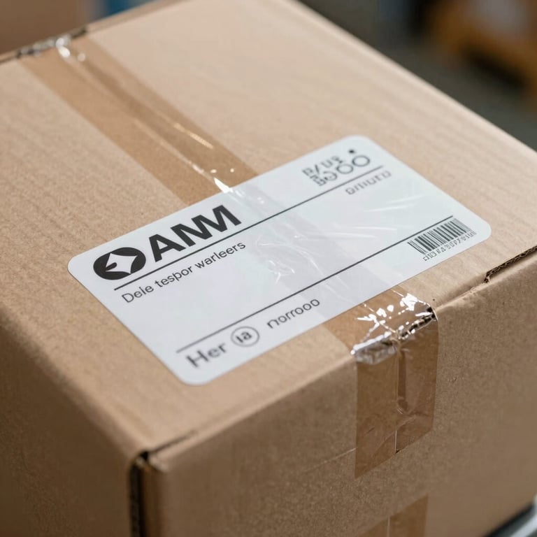 Macro shot of a high-quality delivery box with a clear shipping label in a warehouse.