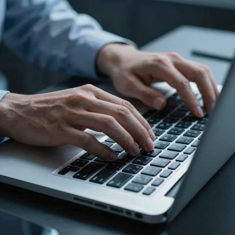 A close-up of hands typing on a laptop with logistical charts visible in steel blue tones.