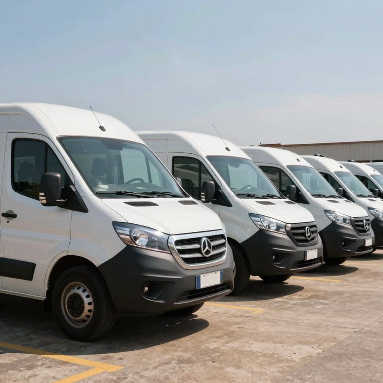 A fleet of modern delivery vehicles parked in a row under bright daylight in South America.