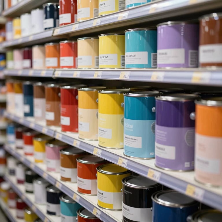 Rows of vibrant paint color swatches and matching paint cans in a retail display.