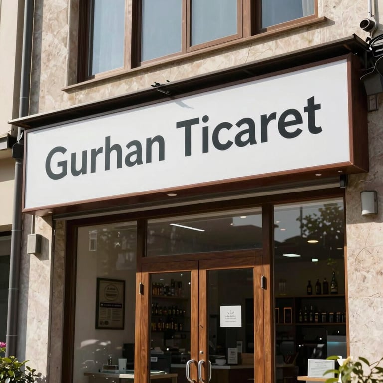 The exterior storefront of Gurhan Ticaret with clean signage in an Anatolian town.