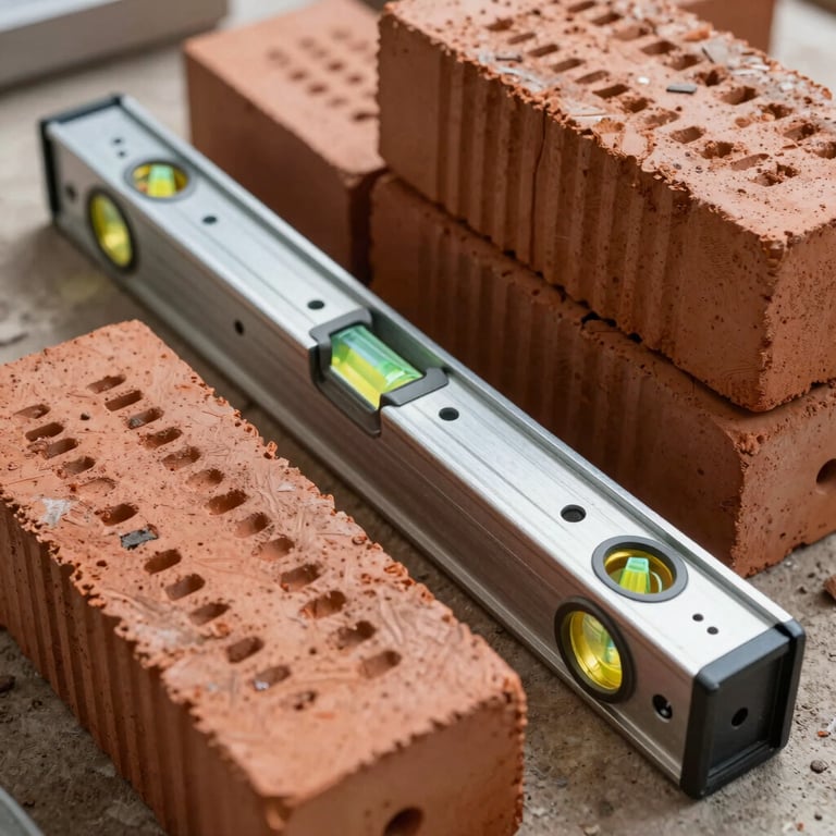 Construction materials including high-quality bricks and a metal level tool.