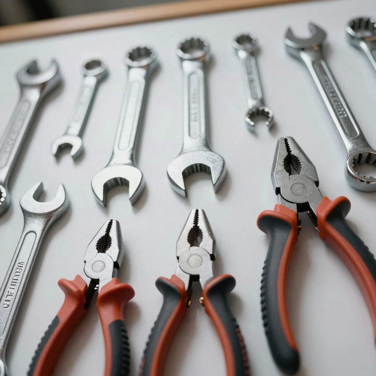 Professional grade hand tools like wrenches and pliers arranged on a white board.