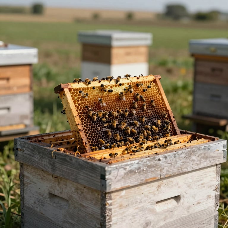 A traditional beekeeping hive box with honey frames in a sunny Turkish field.