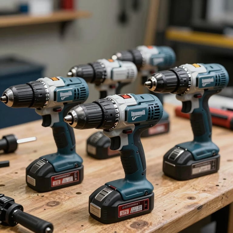 A set of professional power drills on a wooden workbench, deep blue and white accents.