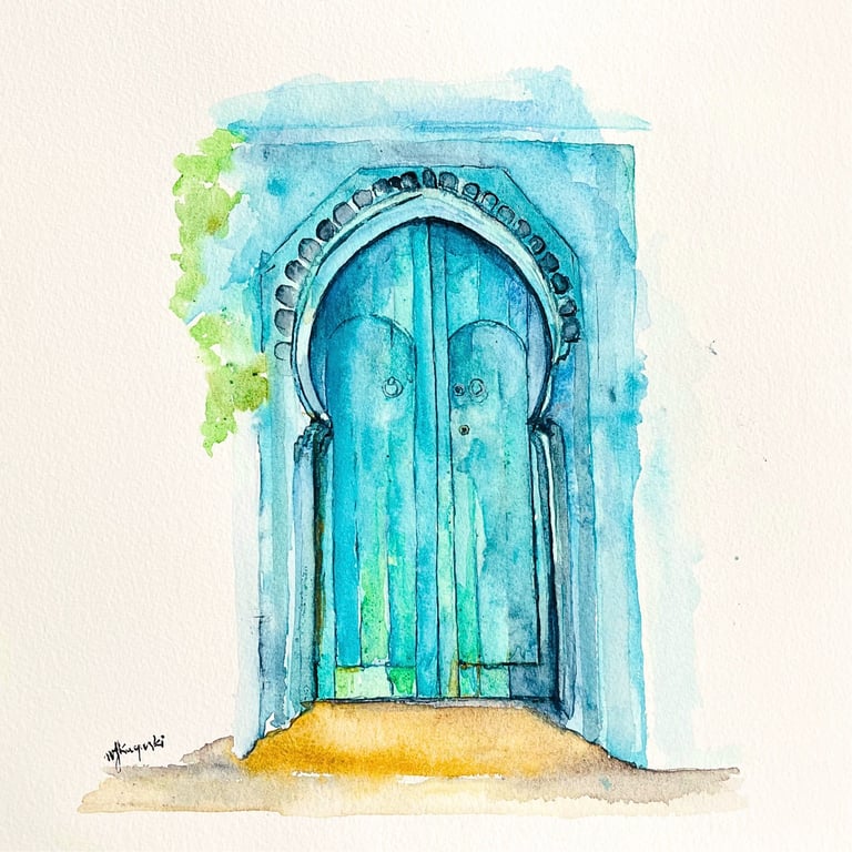 Watercolour painting of a turquoise mineral double door, 30 × 30 cm, from the Portes series by Weronika Kacperski