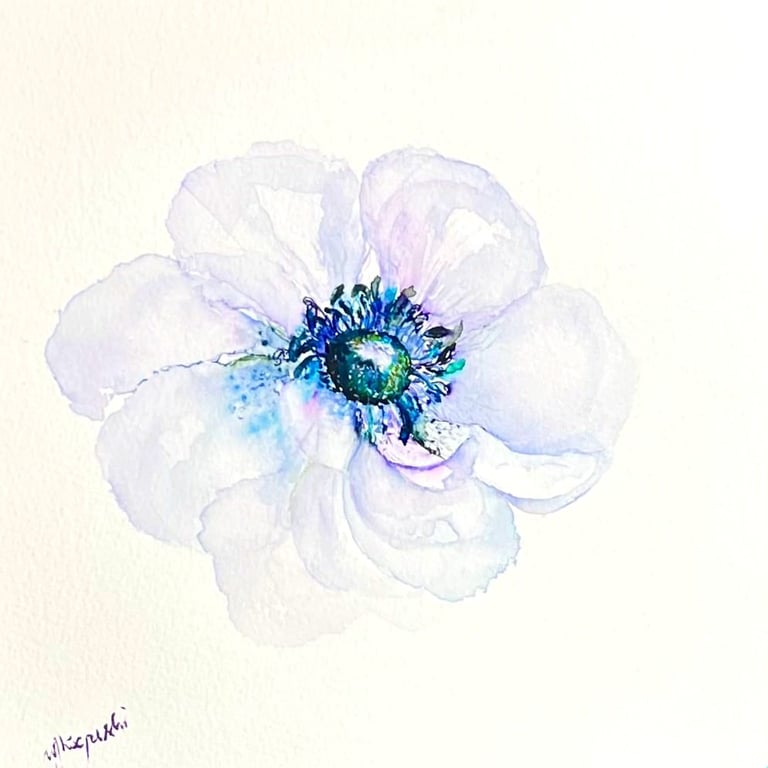 pale blue and purple anemone flower loose watercolor painting by weronika kacperski