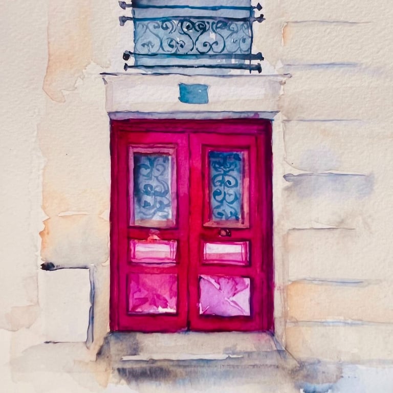 Frontal watercolor of a crimson red door with decorative iron transom set in a pale stone facade, architectural painting mini