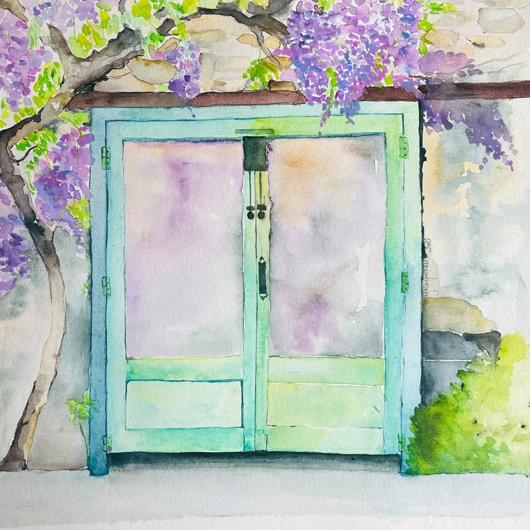 Green French window beneath blooming purple wisteria. Watercolour by Weronika Kacperski