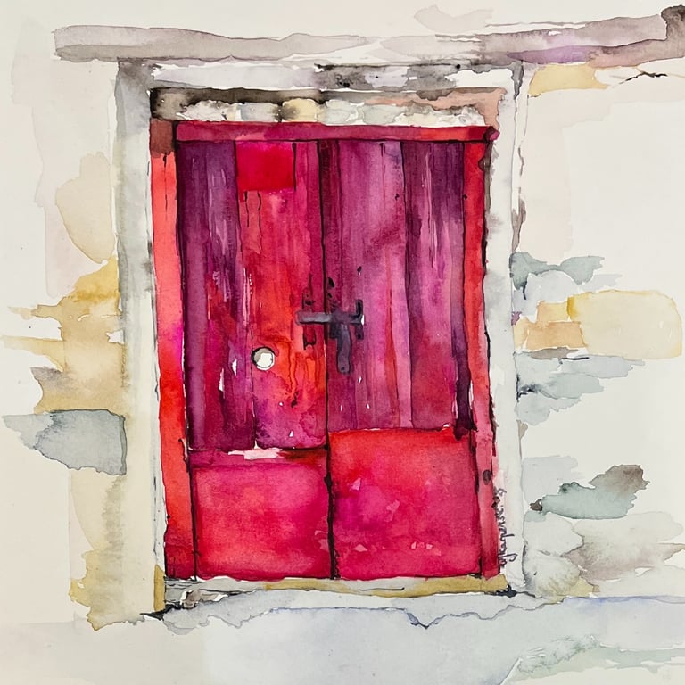 Deep red architectural portal in watercolour, 20 × 20 cm, from the Portes series by Weronika Kacperski