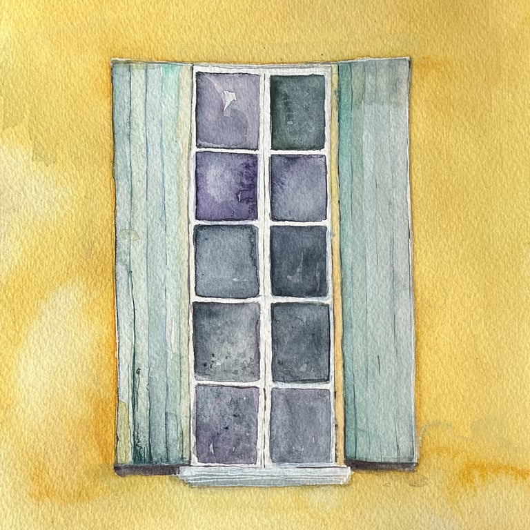Watercolor of a window with green shutters set in a mango yellow wall, frontal architectural composition, Mediterranean light