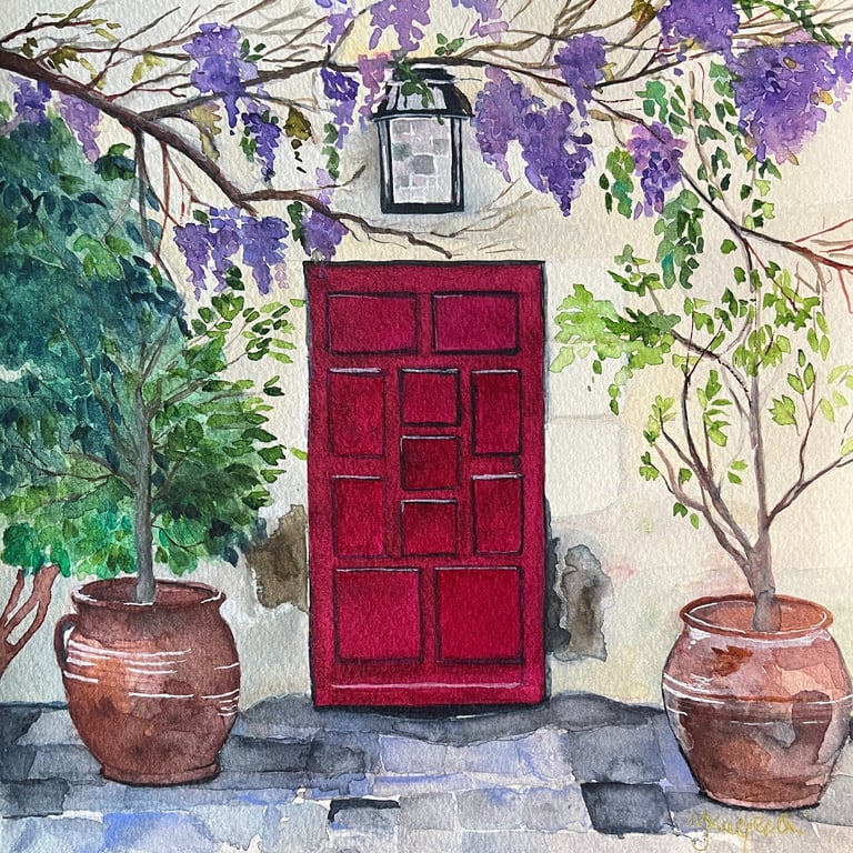 Watercolor of a burgundy threshold framed symmetrically by two terracotta plant pots, frontal composition in a pale wall