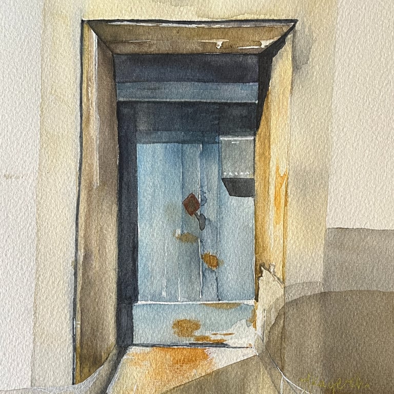 Small-format interior doorway in watercolour, 20 × 20 cm, Portes series by Weronika Kacperski