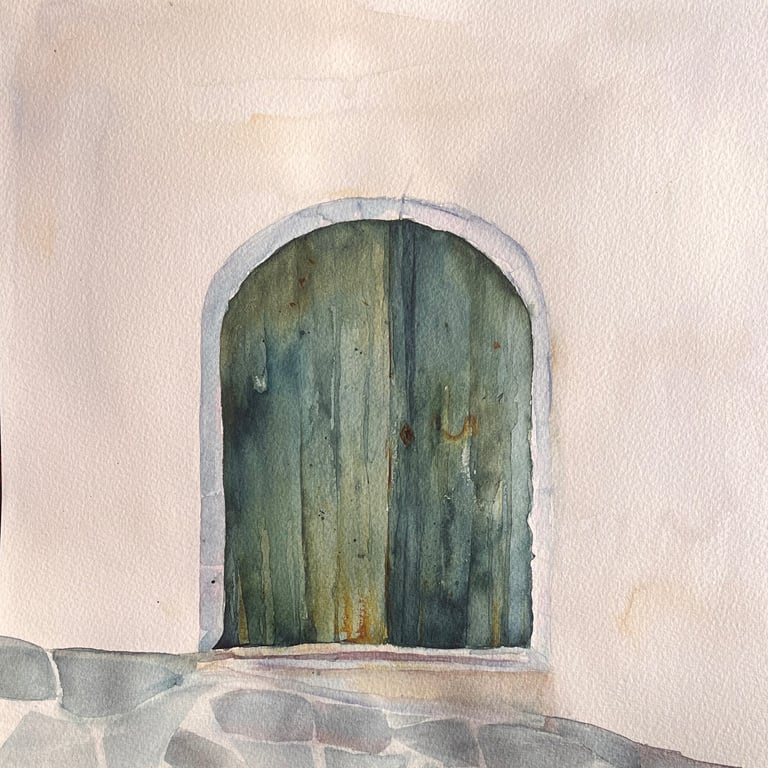 Deep green doorway in watercolour, 30 × 30 cm, from the Portes series by Weronika Kacperski