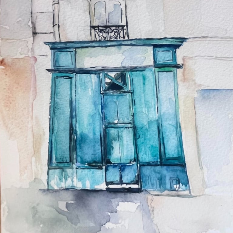 Frontal watercolor of a turquoise shuttered window in a light stone wall, minimalist architectural miniature painting