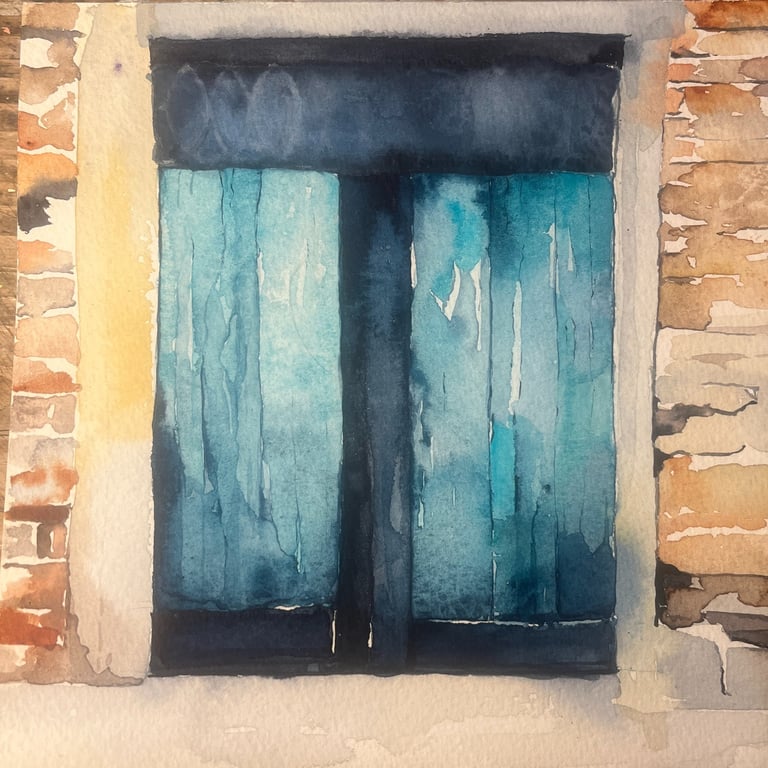 Frontal watercolor of a turquoise gate framed by brick walls, architectural miniature painting with textured surface