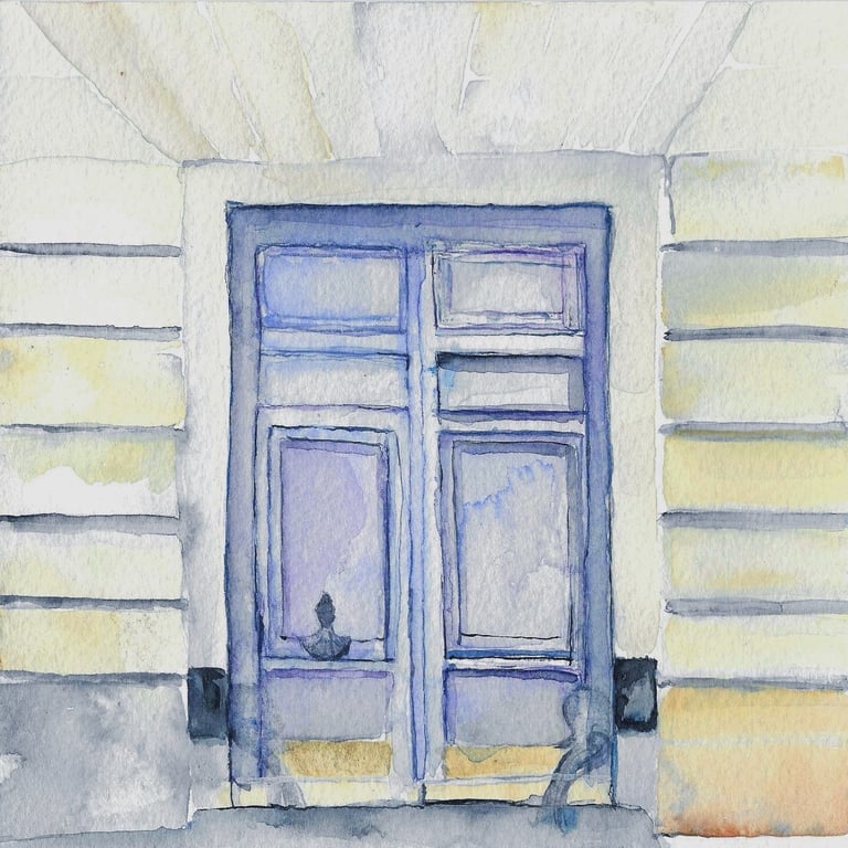Frontal watercolor of a pale blue double door set in a light facade, minimalist architectural miniature painting 15x15