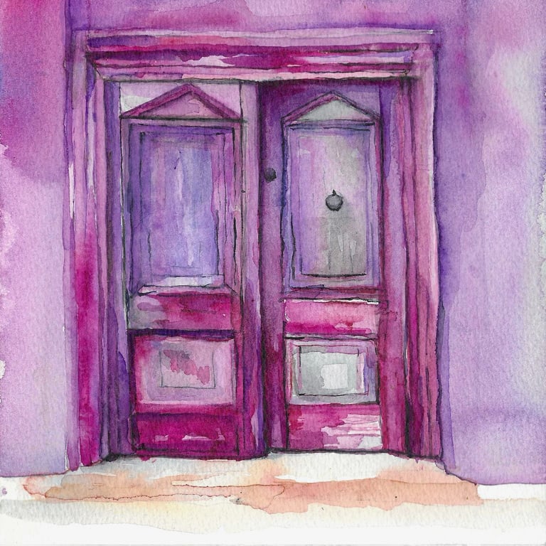 Symmetrical magenta double door in frontal view, watercolor architectural miniature 20x20 cm with vertical panel detailing