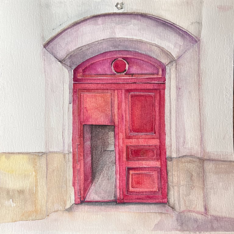 Arched architectural portal painted in watercolour, 30 × 30 cm, Portes series by Weronika Kacperski