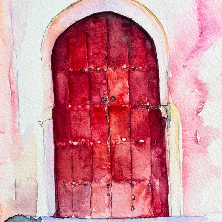 sleeping cat and old red moroccan door watercolor by weronika kacperski