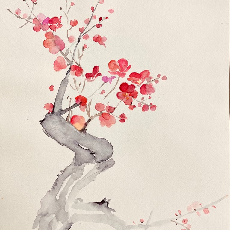 Minimalist Japanese Cherry Blossom Painting | Elegant Sakura Watercolor by Weronika Kacperski